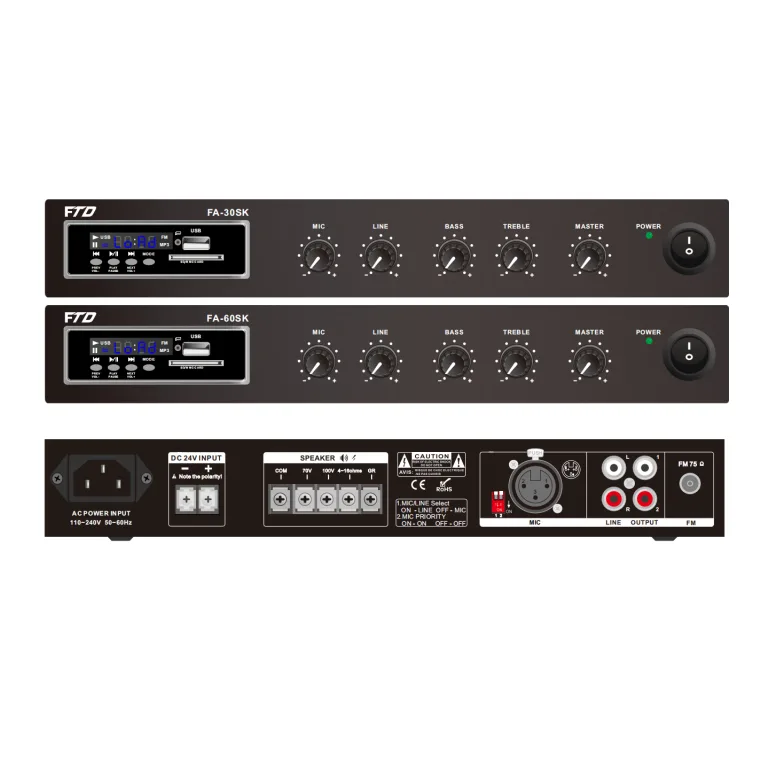 30W Compact Mixer Amplifier withMp3/FM/SD/Bluetooth , 1 Mic, 1 Aux, 70V/100V/4-16ohms, AC230, EC-30SK
