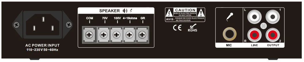 30W Compact Mixer Amplifier, 1 Mic, 1 Aux, 70V/100V/4-16ohms, AC230, 1U EC-30SM 3