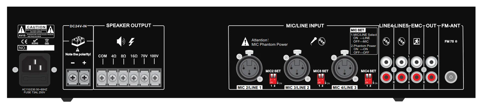 350W Mixer Amp with Mp3/FM/SD/Bluetooth,DAB, 3 Mic, 2 Aux, 70V/100V/4-16ohms, AC 230 &DC24V, 3 XLR Phantom power input , line input/MIC input Switchable, EMC input, ECHO function EC-350EB 3