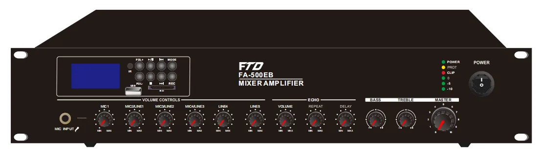 60W Mixer Amp with Mp3/FM/SD/Bluetooth,DAB, 3 Mic, 2 Aux, 70V/100V/4-16ohms, AC 230 &DC24V, 3 XLR Phantom power input , line input/MIC input Switchable, EMC input, ECHO function EC-60EB 2