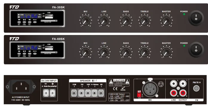 60W Compact Mixer Amplifier withMp3/FM/SD/Bluetooth , 1 Mic, 1 Aux, 70V/100V/4-16ohms, AC230, EC-60SK 3