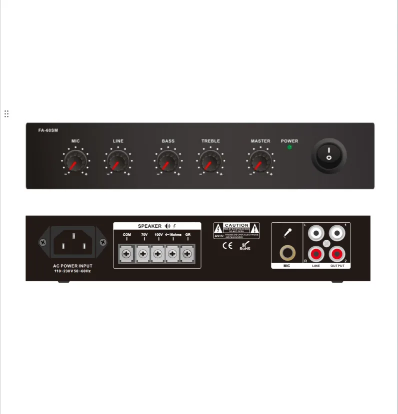 60W Compact Mixer Amplifier, 1 Mic, 1 Aux, 70V/100V/4-16ohms, AC230, 1U EC-EC-60SM